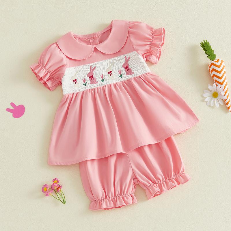 Toddler Baby Little Girls Easter Outfit Short Sleeve Smocked Embroidery Rabbit T-shirt with Elastic Waist Shorts Outfit 3M-3Y
