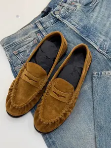 Women's Velvet Heel Fashion Business Casual Shoes, Genuine Leather Round Toe Vintage Slip-On Loafers, Comfortable All Season Footwear