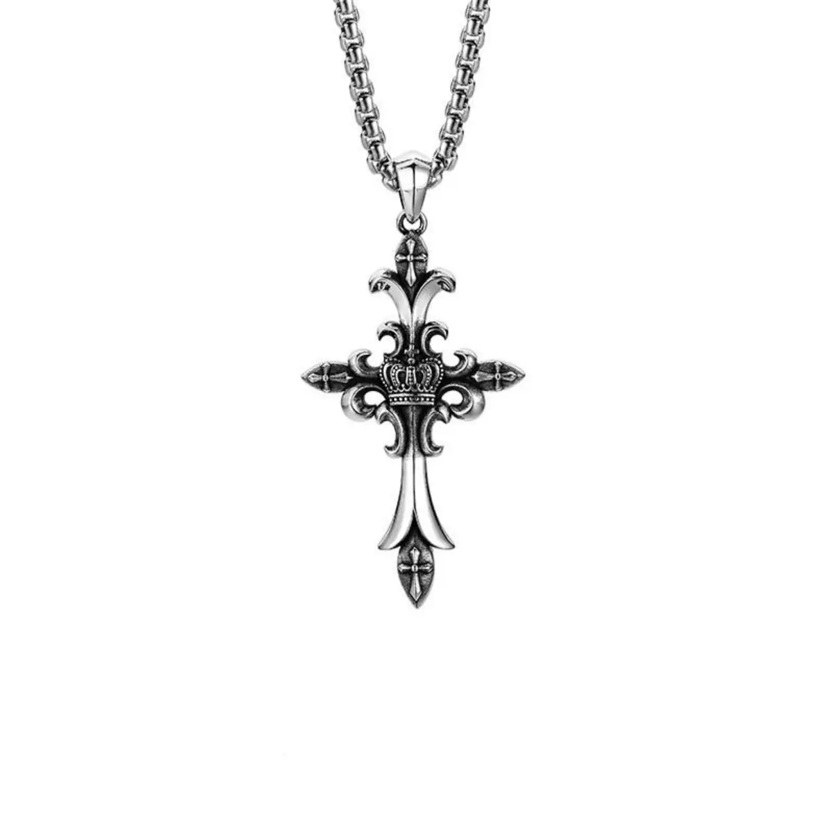 Luxe-Link Gothic Crown Cross Necklace - 3D Stainless Steel Dark Vintage Cross Pendant with Metal Coating, 23.62in Chain Link Necklace, Unisex Layering/Daily Wear Fashion Jewelry Accessories, Chain Link Necklaces