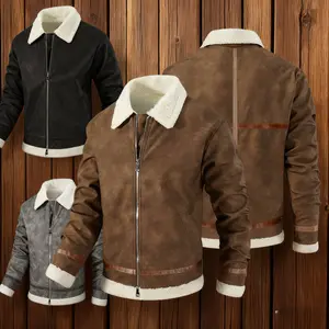Men's Vintage American Leather Jacket with Fleece Lining, Thickened Winter New Style, Retro Motorcycle Design with Plush Collar, Warm and Trendyลุคฮาร์ดแมน regular fit Aesthetics Classic outerwear top jacket