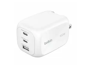 Belkin 100W GaN 3-Port USB Wall Charger - 1xUSB-A, 2xUSB-C - Foldable Prongs - Power Adapter - White - WCH016dqWH
