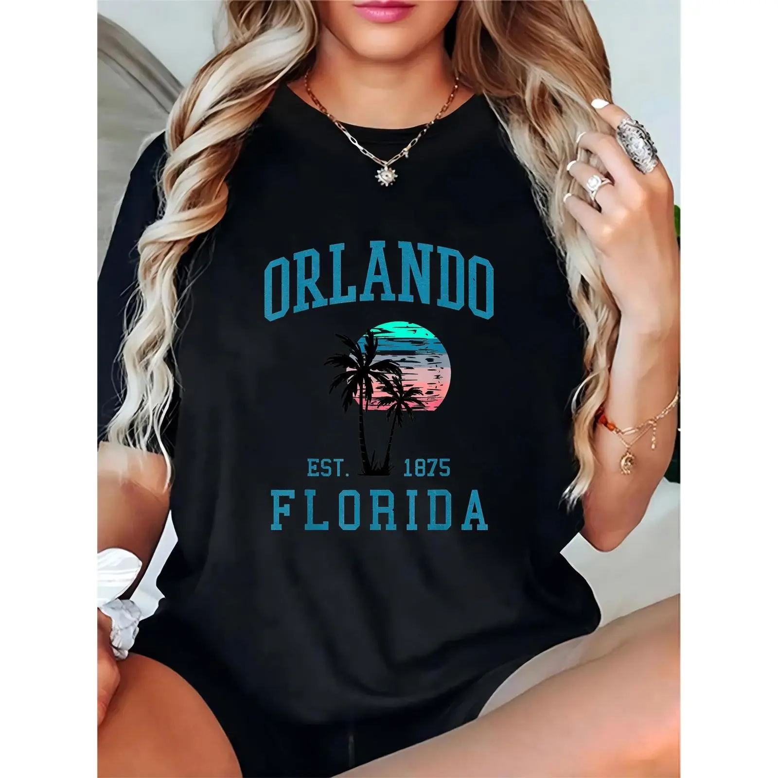 Women's Orlando Florida Graphic T-Shirt, a 100% Cotton Short Sleeve Crewneck with a Relaxed Fit, Lightweight for Summer Vacation, Lady, Tops, Casual, Shortsleeve, Breathable