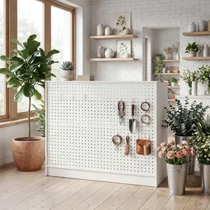 FUFU&GAGA 47.2" White Retail Counter with Pegboard Back & Lockable Drawers, Modern Reception Desk for Small Business, Flower Shop & Salon