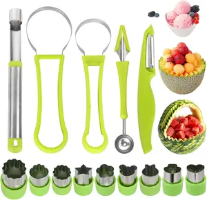 14 Pcs Fruit Carving Tools Set, Stainless Steel Melon Baller Scoop, Corer, Peeler and Cookie Cutters, Multi-Function Fruit Tools for Watermelon, Melon and DIY Fruit Platters