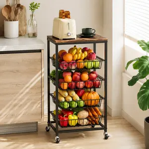 Fruit Vegetable Cart, 4-Tier Rolling Kitchen Storage Organizer with Solid Wood Top & Pull-Out Mesh Baskets - Heavy Duty Utility Snack Cart on Wheels for Pantry, Living Room, Small Spaces