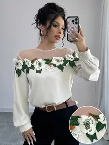 Elegant Satin Embroidered Floral Fitted Blouse for Women, Perfect for Casual or Formal Occasions, Spring & Summer Wardrobe Essential, Tops