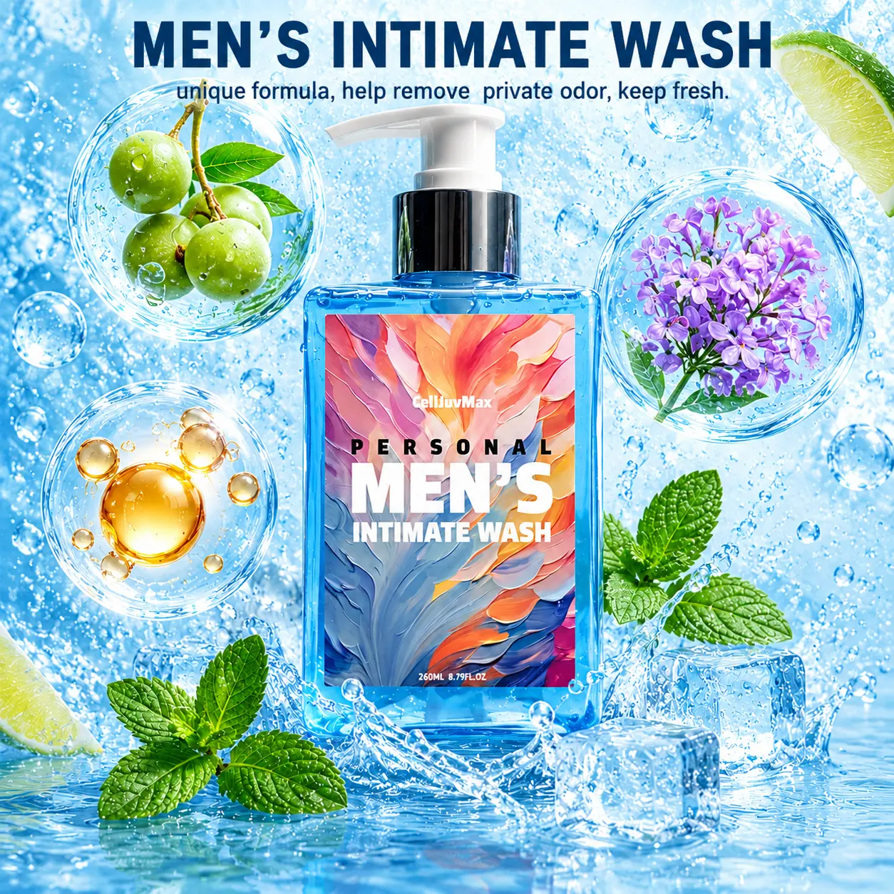 Intimate Wash for Men, pH Balanced Plant-Based Gentle Cleanser for Sensitive Skin, Daily Hygiene, Deep Cleansing, Odor Control, Hydrating & Long-Lasting Freshness, Male Intimate Care