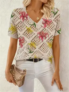 Spring & summer, Floral, v-neck diamond hollow out loose short sleeve blouse, bump flower printing yellow powder lady knitting jacket, holiday wind, casual commuter vest smock, bikini smock