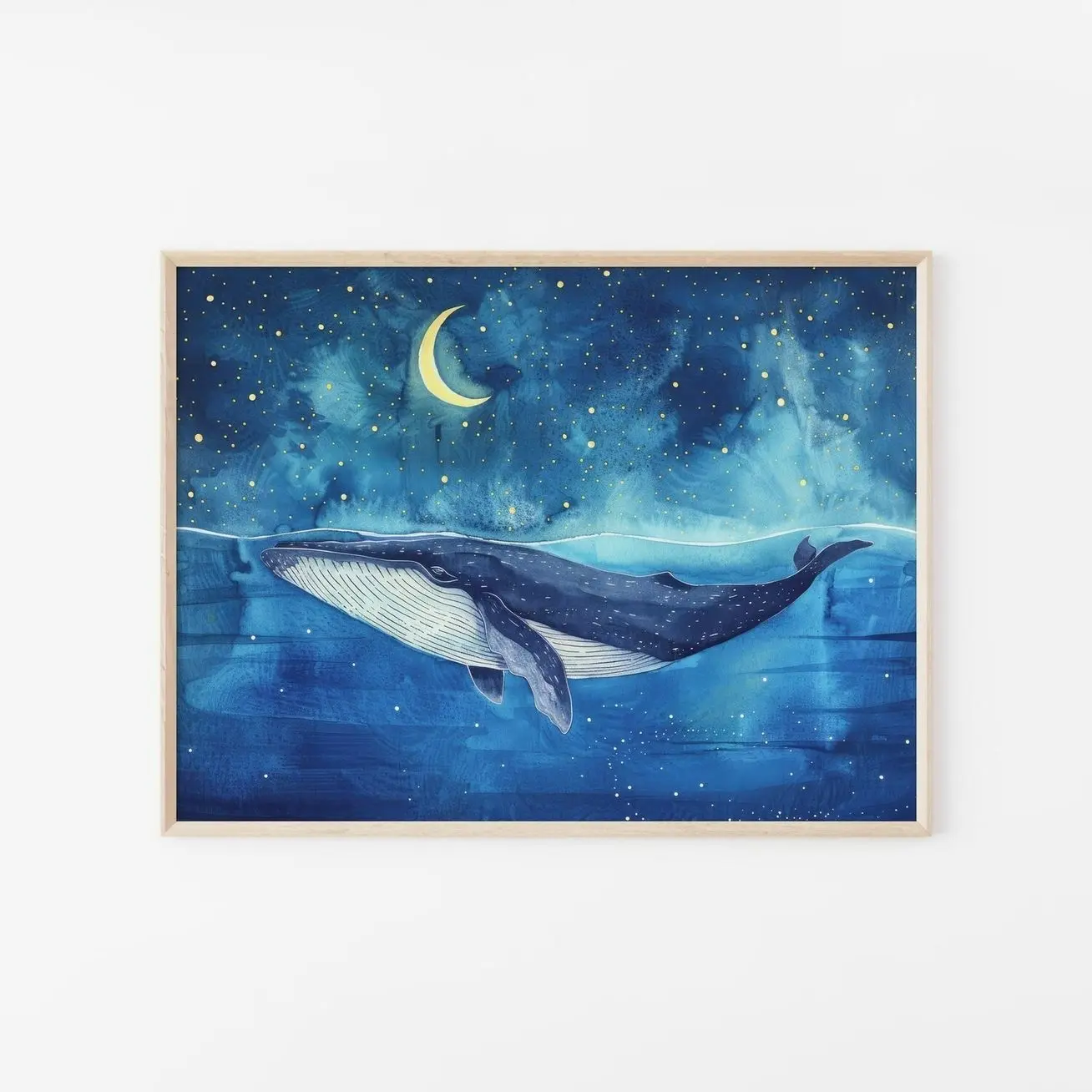Whale Under the Moon Wall Art, Watercolor Humpback Whale Print, Nursery Decor 8