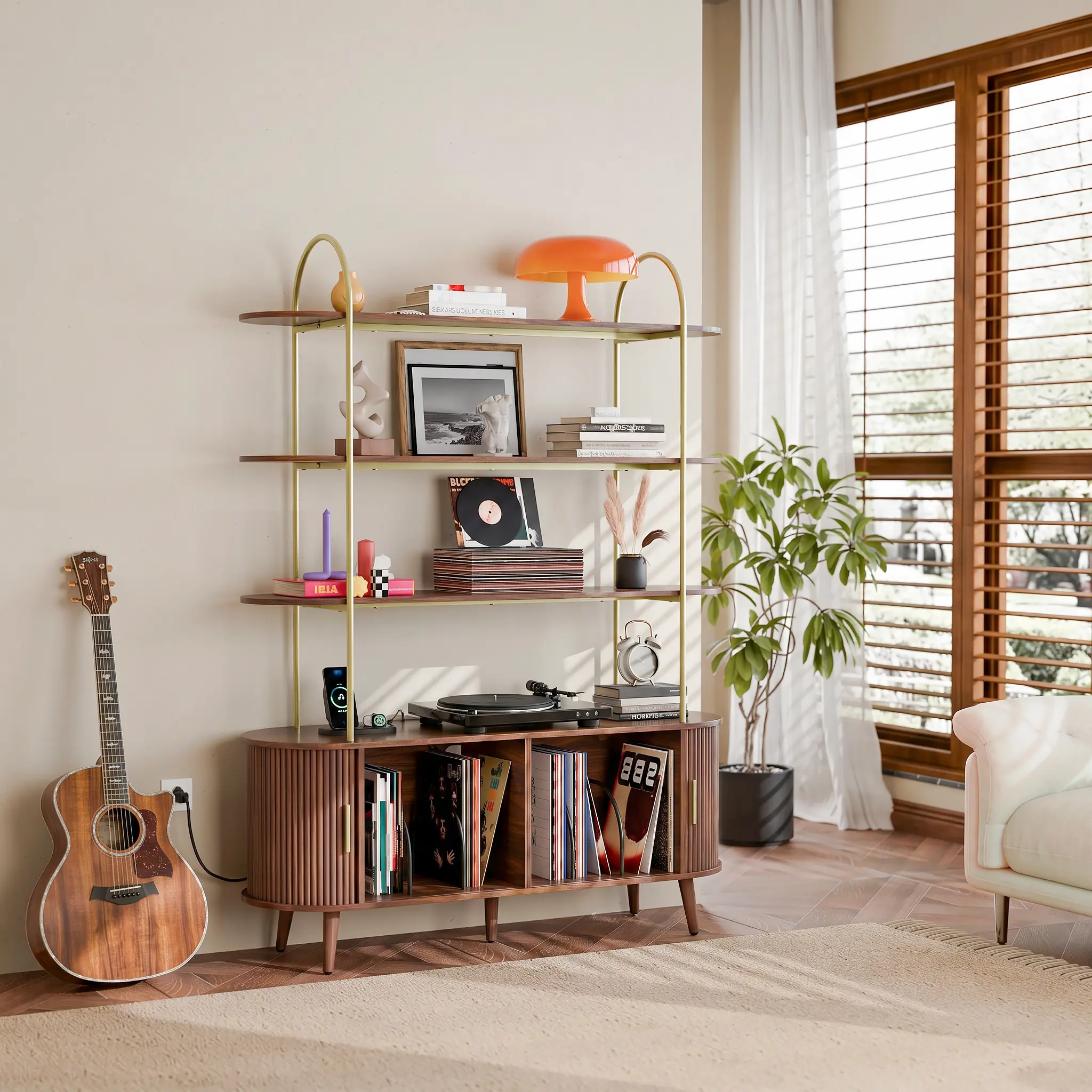 Mid-Century 5-Tier Record Player Stand with Vinyl Record Storage, 4 Open Display Shelves, Sliding Doors, Removable Metal Dividers, Speaker Compartments, 2 AC Outlets, USB & Type-C Ports, Cable Management