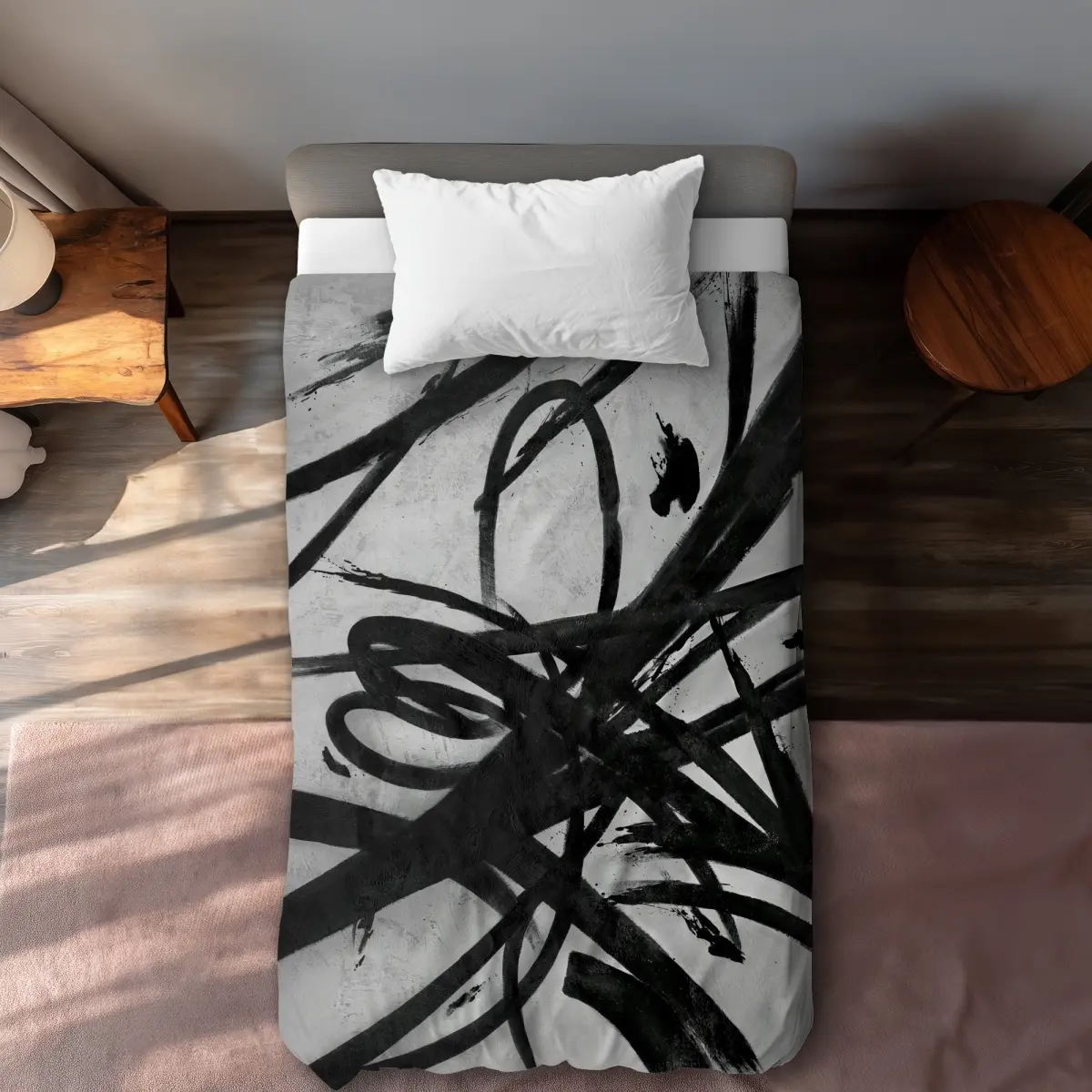 360 stand Twin Extra Long Decorative Duvet Cover Set - Circular Strokes & Living Room Shapes Design, Machine-Washable Microfiber Bed Set for Minimalist Bedroom Use, Duvet Cover Sets