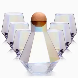 Wine Decanter Set with Glasses,Iridescent Diamond Wine Decanter with 6 Piece Stemless Wine Glasses,Geometric Carafe Decanter with Cork Ball Stopper for Wine Lover,Parties,Whiskey,Scotch, Bourbon