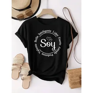 Women' Spanish "Soy" Self-Love T-Shirt - Spanish Phrase Print Round Neck Short Sleeve Top with "I " Affirmation, Casual & Spanish Learning Apparel for Casual Attire, Machine Washable Comfortable Tee