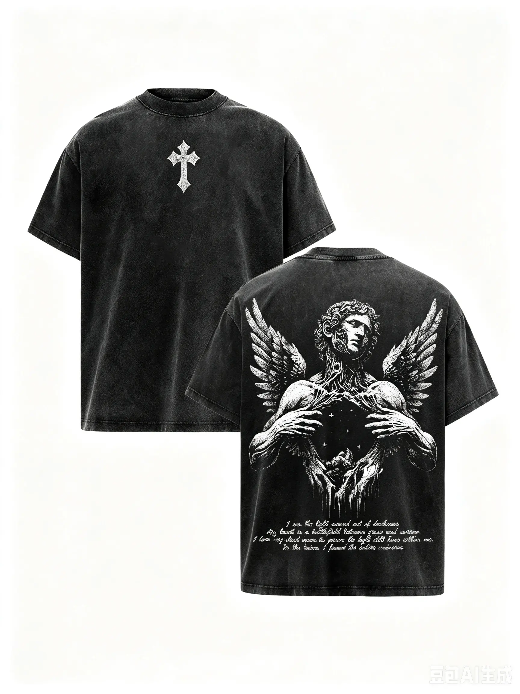Unisex Gothic T-Shirt with Angel & Cross Double-Sided Graphic, Oversized Vintage Acid Wash Heavyweight Cotton, Aesthetic Shortsleeve Streetwear, Breathable, Distressed, Fabric, Ribbed, Retro, Menswear