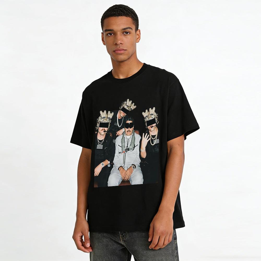 This heavyweight pure cotton black T-shirt is a product of the collision between American street fashion and subcultural meme culture, specifically designed for men who seek individuality.