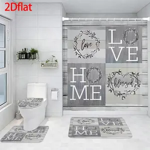 4-Piece Bathroom Sets Full Set Love Home Blessed Wooden Pattern Four-Piece Curtain Set Elegant Decor Shower Bath funny Accessories U-Shaped floor Seat Cover Cushion Toilet Lid Rug Carpet Non-Slip  Shape Mat Gifts Style toilet waterproof