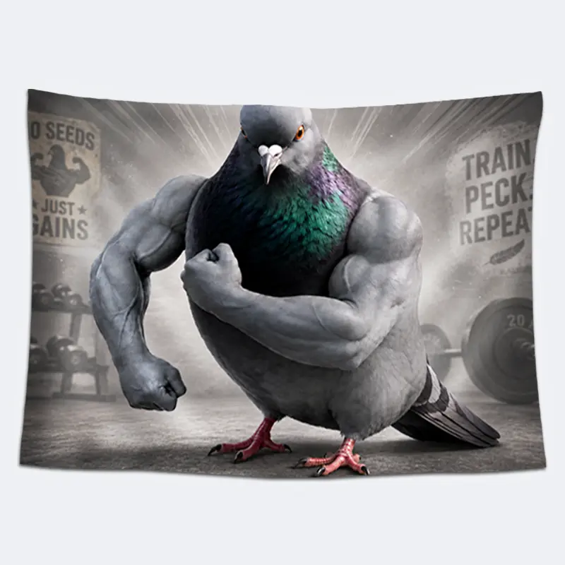 Funny Muscular Pigeon Tapestry, Bodybuilder Bird Wall Hanging, Humorous Gym Workout Fabric Wall Art, Bold Fitness Room Decor for Bedroom, Home Gym and Dorm Room, Unique Gift for Bird and Fitness Fans