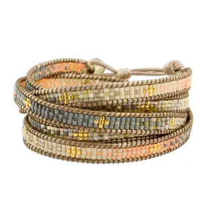 NOVICA Artisan Handcrafted Beads Beaded Bracelet | Petite Glass | Nylon Cord | Colorful Wrap | Pewter Button | Cultural Heritage | Glass Beads | Guatemala 'Cerro de la Cruz in Grey' 35" L x 0.3" W