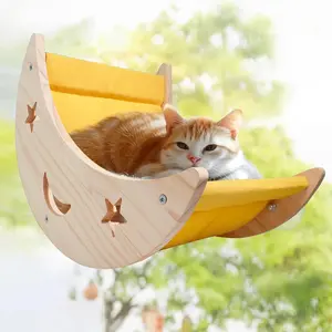Window Mounted Cat Hammock Moon Bed Strong Suction Cup Solid Wood Shelves Perches Platforms Easy Installation Hanging Bed for Cats Kitty
