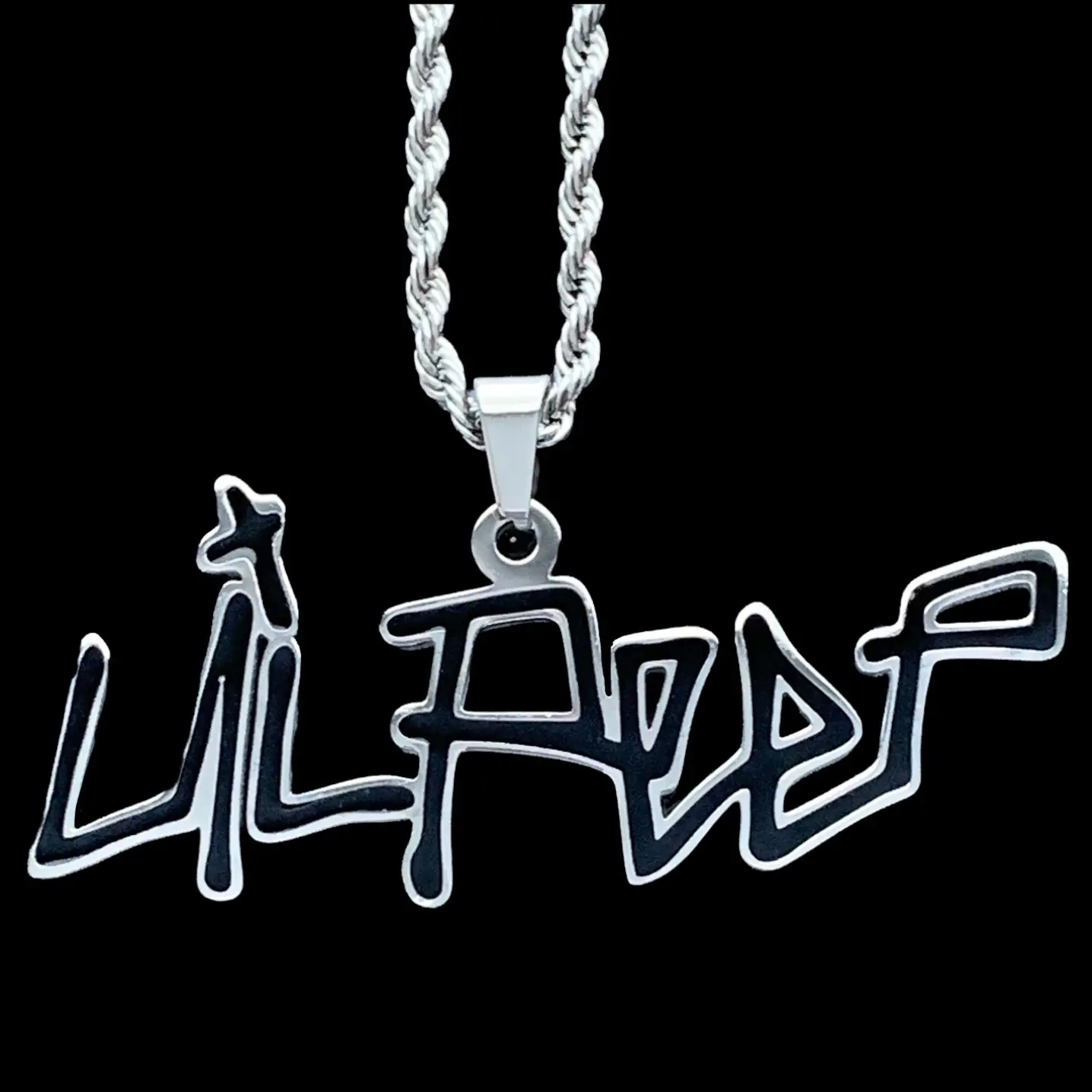 Black Lil Peep Necklace 2" Mirror Polished Pendant Stainless Steel Laser Cut Hypoallergenic Hard Enamel Chain Free Gift Included