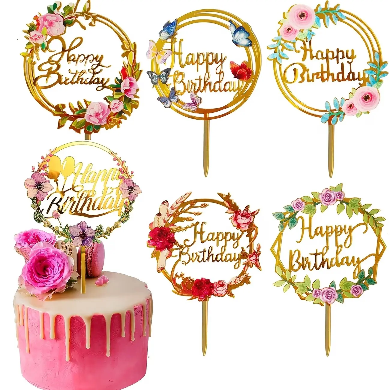 6pcs Happy Birthday Cake Toppers, Floral Design, Birthday Cake Decorations, Flower Cupcake Toppers, Ideal for Birthdays & Anniversaries, Perfect for Decorating Cakes & Cupcakes