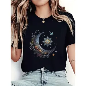 Boho Celestial Moon And Star Graphic Tee Vintage Aesthetic Short Sleeve Soft Cotton Crewneck Casual Summer Streetwear Gift