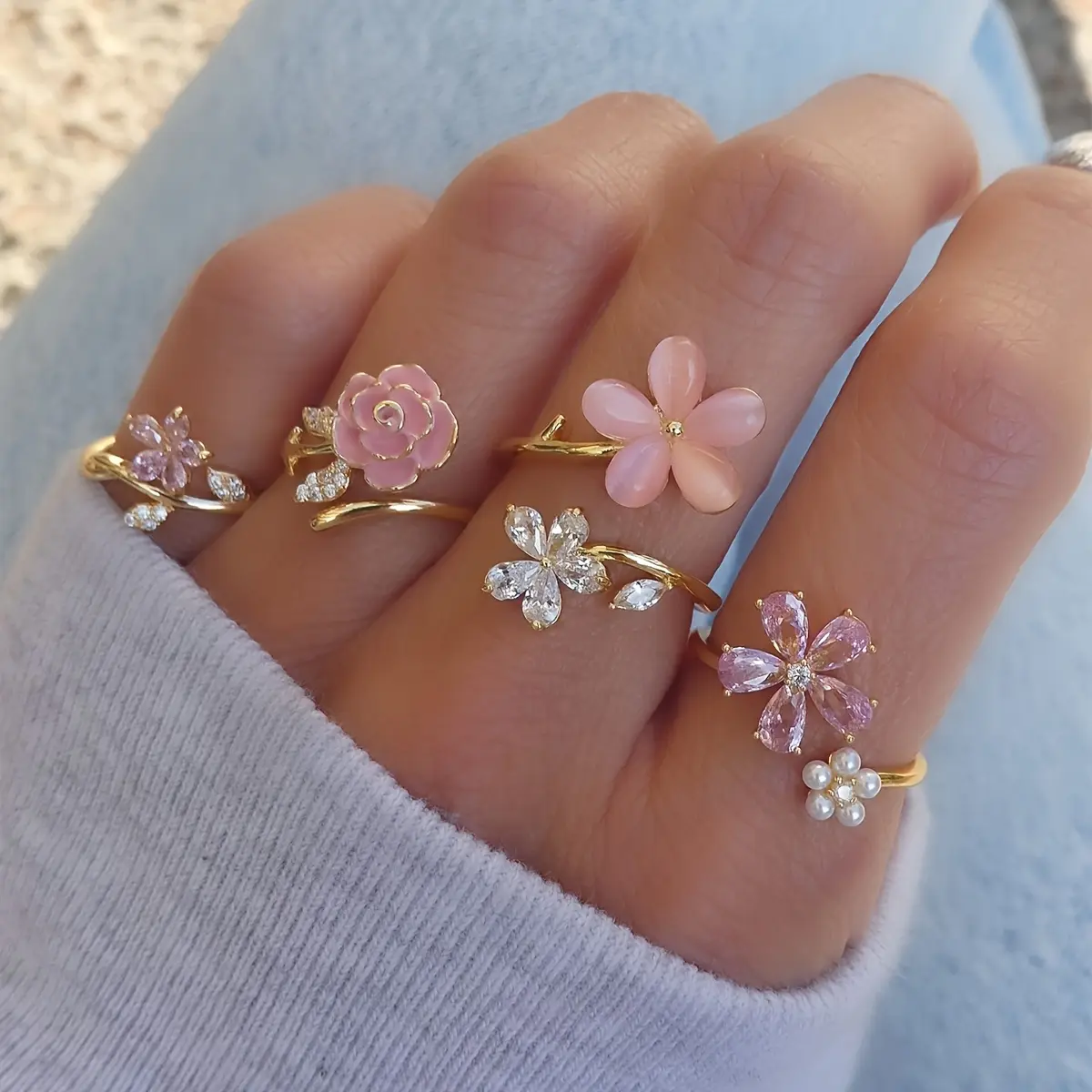 Women's 4Pcs Stackable Finger Rings Set - Gold-Tone, Blush Pink Rose, Rhinestone, Pearl, Adjustable, Cute Fairy Coquette Costume Jewelry for Daily Wear, Holiday Gift, Stackable Ring Set