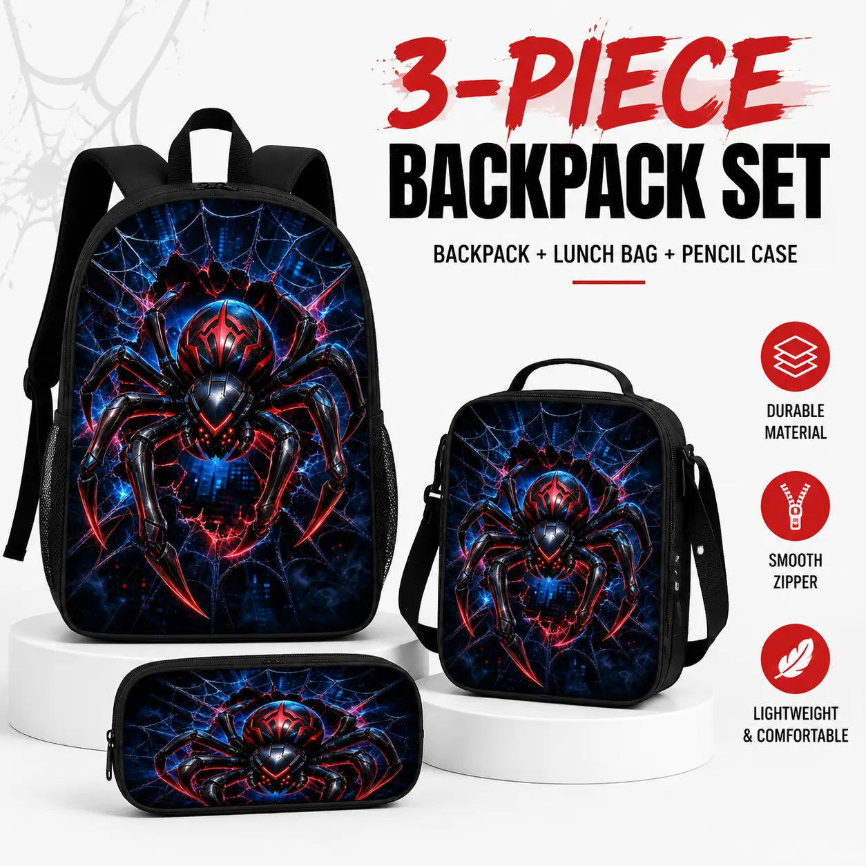 3PCS School Backpack Set for Boys Teens, Cool Metallic Spider Urban Daypack Gift Cyber Mech Spider 3PCS Backpack Set, Neon Blue Spiderweb School Bag with Lunch Box