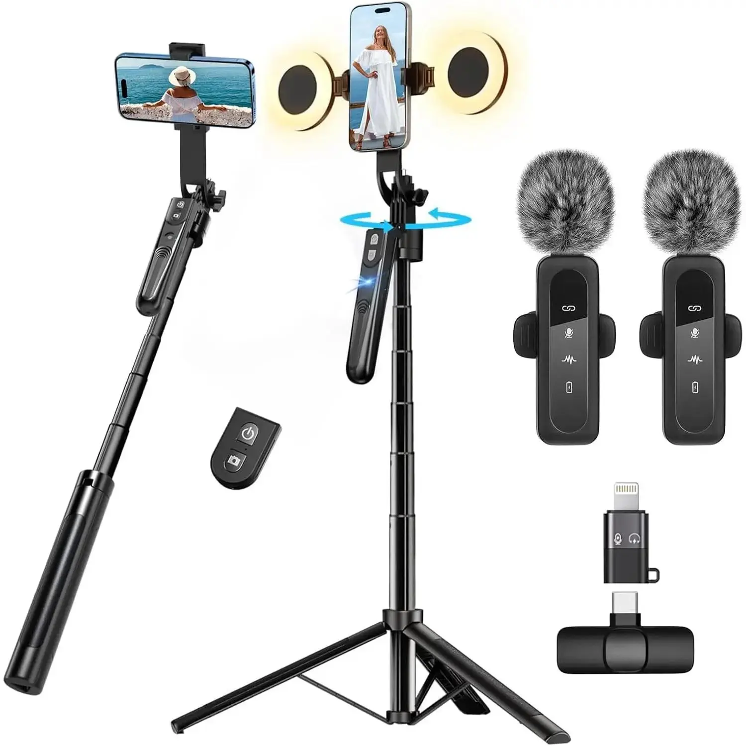 70-in Auto Face Tracking Tripod Kit - Sports & Outdoor Camping Accessory with Light, Wireless Microphones, Cellphone Camera Accessories for Content Creators, TikTok Starter Gift for Women