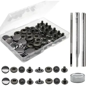 12 Sets Leather Snap Fasteners Kit, Metal Snap Buttons Kit Press Studs with 4 Install Tools, Leather Rivets and Snaps for Clothing, Leather, Jeans, Jackets, Bracelets, Bags (15mm )