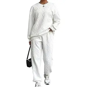 A fashionable spring, fall and winter ribbed texture dress pants set, casual round neck long sleeve sweatshirt and jogging sweatpants clothing, the fabric is comfortable and breathable, suitable for daily wear on all occasions, sports style Women's