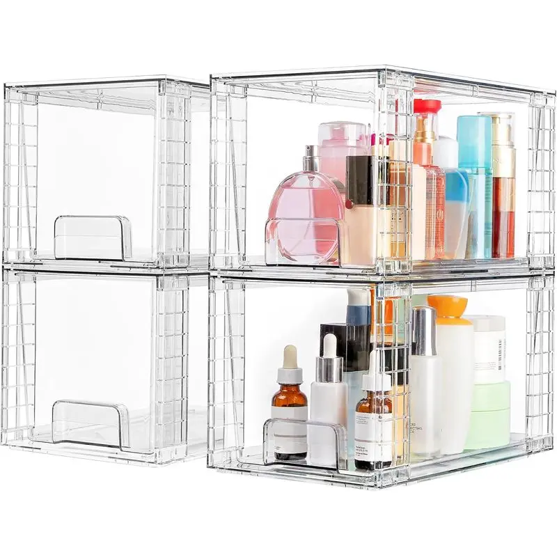 4 Pack Large Stackable Storage Drawers, Clear |   Easily Assemble Bathroom Closet Undersink Organizers and Storage Kitchen Cabinets,Pantry,Makeup,Medicine Organization happybuy home