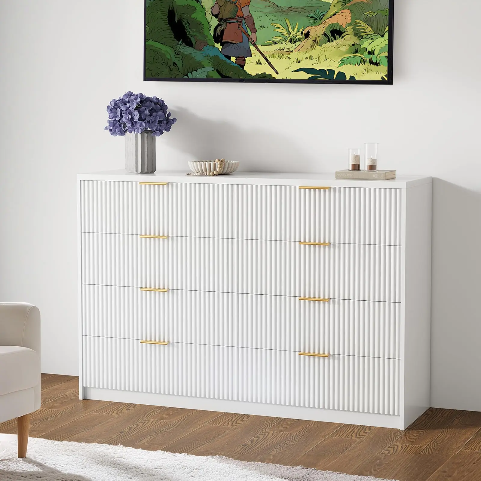 Garvee 8 Drawer Fluted Dresser, 55" Wide Modern Chest of Drawers with Metal Handles, Fluted Wood Stand, Large Dresser for Bedroom, Closet, Living Room, and Entryway in White