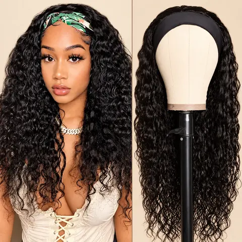 Black Female Glueless Human Hair Curly Afro Wigs - Headband & Half Wig Options, Deep Wave & Burmese Curly Textures, No Lace, Natural Black, Machine-Made Cap, Blends With Hairline, Versatile Styling for Everyday & Special Occasions, Curly Afro Wig