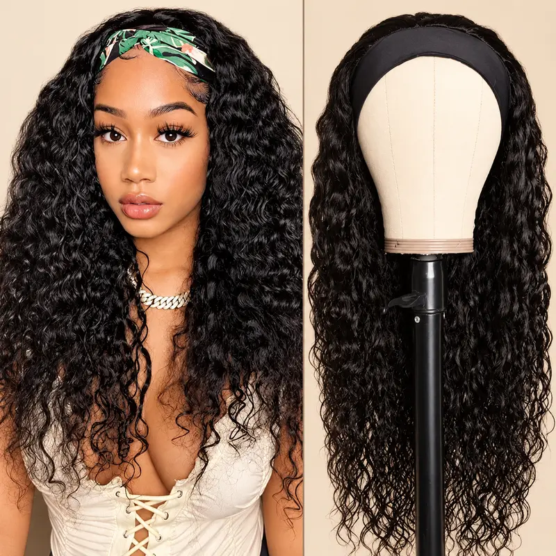 Black Female Glueless Human Hair Curly Afro Wigs - Headband & Half Wig Options, Deep Wave & Burmese Curly Textures, No Lace, Natural Black, Machine-Made Cap, Blends With Hairline, Versatile Styling for Everyday & Special Occasions, Curly Afro Wig