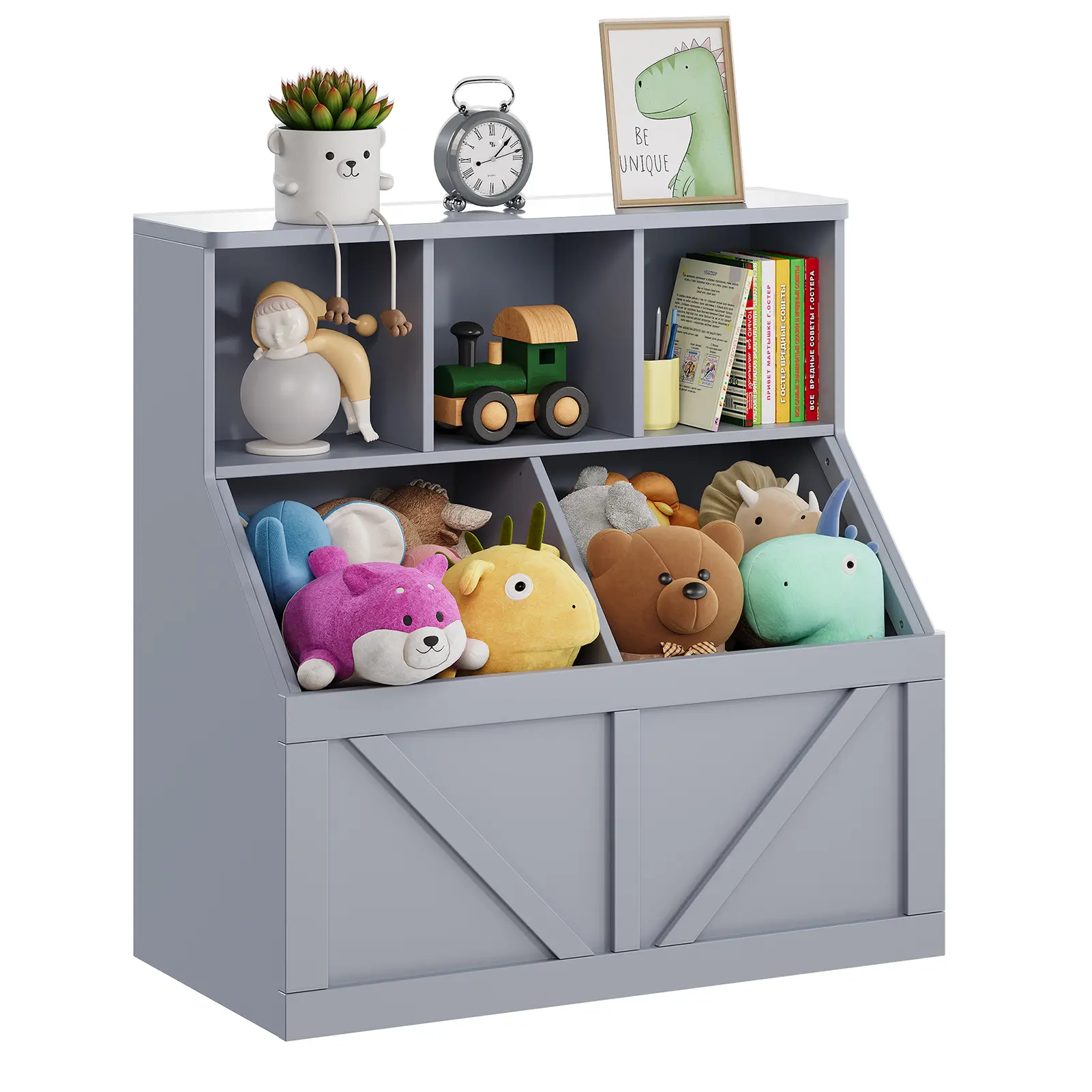 Kids Bookshelf and Toy Storage Organizer with Storage Cabinet, 3 Open Cube Shelves and 2 Bottom Storage Boxes, Toddler Book Shelf for Kids Room Playroom Bedroom Nursery Daycare Classroom, Wooden Toy Organizer