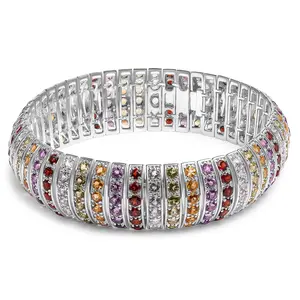Women's .925 Sterling Silver Multi Row Rainbow Gemstone Bangle Bracelet - 7.5″ Inches