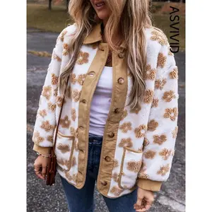 Women's Floral Jacquard Drop Shoulder Button Front Fuzzy Jacket, Casual Long Sleeve Collared Pocket Outerwear for Fall & Winter, Ladies Clothes for Daily Wear