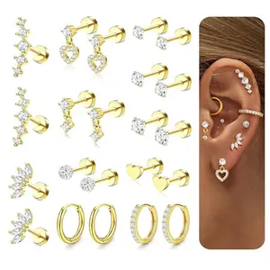 Flat Back Earrings Set - 11 Pairs Surgical Steel Studs & Hoops for Cartilage Helix Tragus