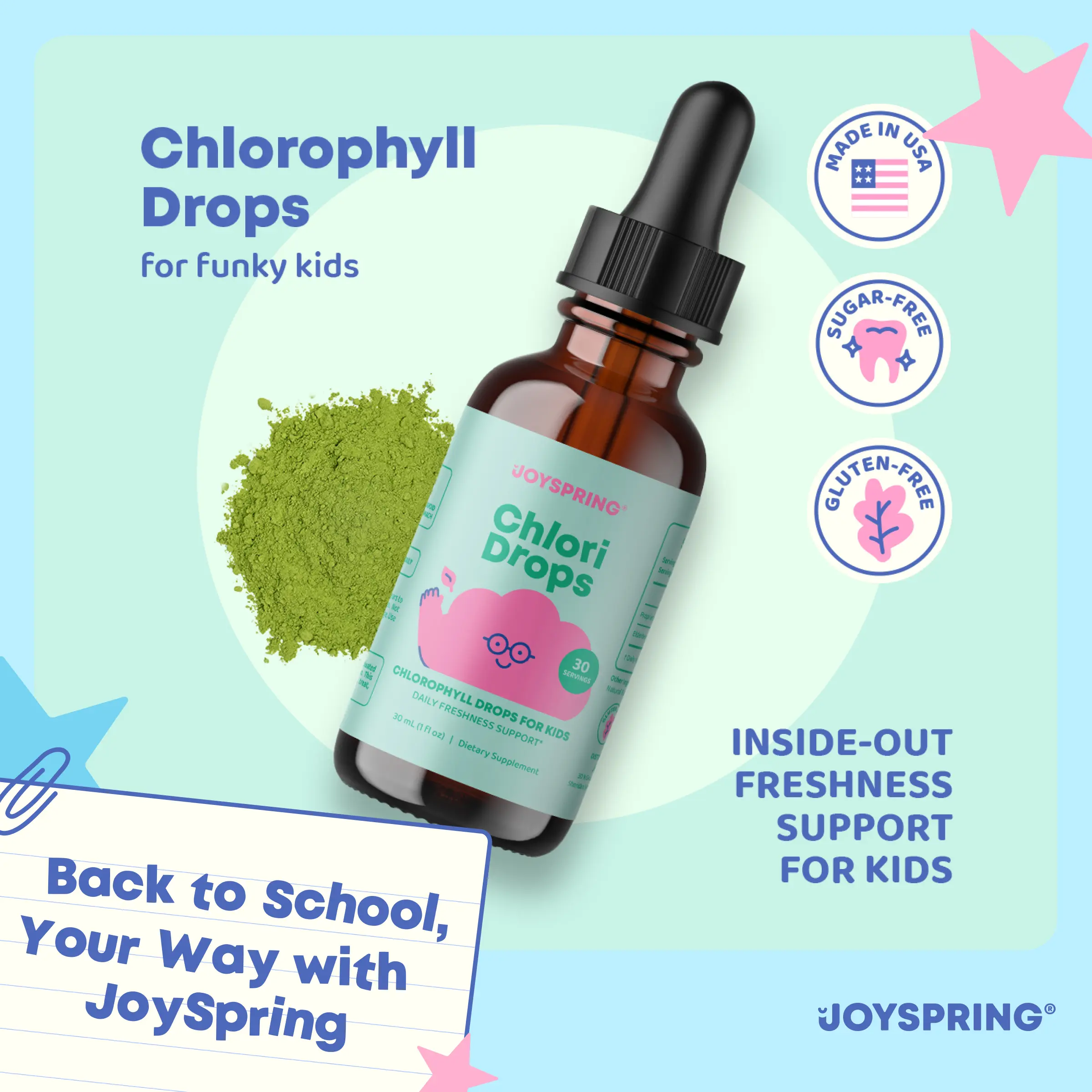 *NEW* JoySpring ChloriDrops for Kids – Nature's Deodorant Alternative | Liquid Chlorophyll Drops + Elderberry for Active Kids & Teens | Berry Flavor Supplement