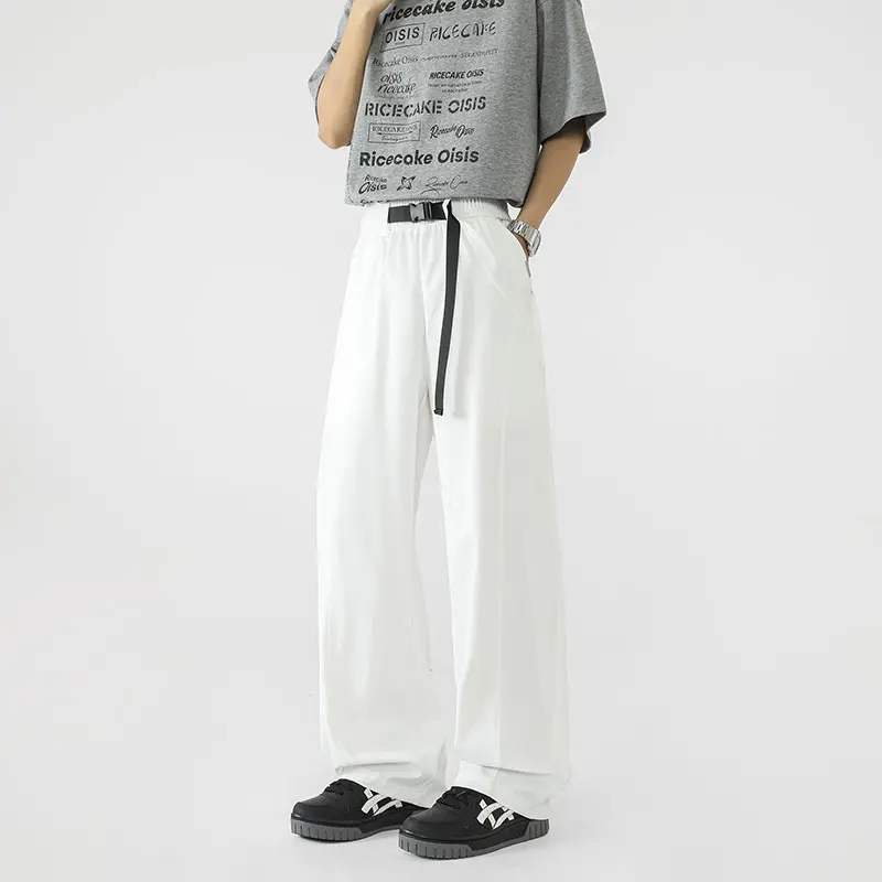 Summer Japanese-style men’s ice silk wide-leg pants, lightweight with a fluid drape, straight-cut casual trousers, loose floor-length design, suitable for everyday commuting.