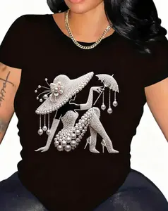 Women's 100% Cotton Soft Round Neck Short-Sleeve Top - Elegant Pearl Print, Fitted, Comfortable Lady's Fashion Casual Summer Tee for Pairing with Pants (Umbrella & Hat Matching Compatible)
