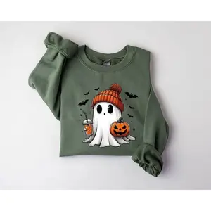 Cute Ghost Shirt for Halloween, Bougie Ghost Coffee Crewneck, Retro Spooky Season Sweatshirt, 2025 Happy Halloween Apparel made & printed Made in the USA Clothing	