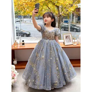 (New)[ Back to School Season ] Girls' Dress, Long Short Sleeves, Sequins And Starry Sky Hot Stamping Design, Suitable for Wedding Flower Girls, Graduation Ceremonies, Dance Parties, Talent Shows And Photography