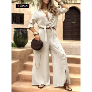 Women's Long Sleeve Loose Fit Shirt Set with Tie Hem, Single Button Decorated Wide Leg Pants, Casual All Season Outfit