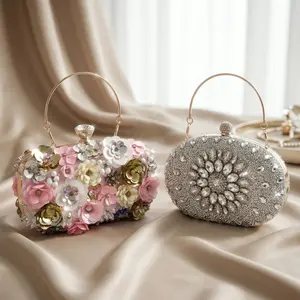 Clutch Purse For Women - 2-Piece Glam Bag Set - Rhinestone + Floral Evening Bag - Pink Floral Clutch - Silver Rhinestone Evening Bag For Women