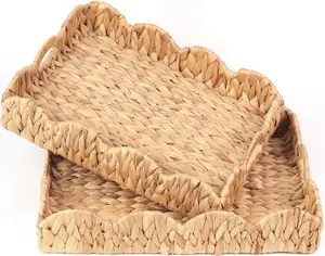 Classic Scalloped Water Hyacinth Storage Baskets with Handles, 17"x13" Woven Trays, Natural Fiber Home Organizers, Decorative Set for Gift Use