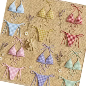 Gingham String Bikini Set, Pastel Checkered Tie Side Triangle Swimsuit, Cute Colorful Two Piece Summer Beachwear Collection