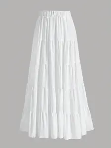 Women's French Style Cake Skirt, Tiered Skirt, Mid-Waist Elastic Multi-Layer A-Line Midi Dress, Summer Vacation Chic Long Skirt, Womenswear