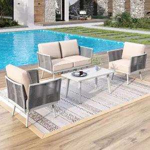 PHI VILLA Metal Patio Furniture Sets with Detachable Rope Rattan Armrest, Outdoor Conversation Set All Weather Patio Sectional Couch with Coffee Table & Ottomans, Beige Cushion